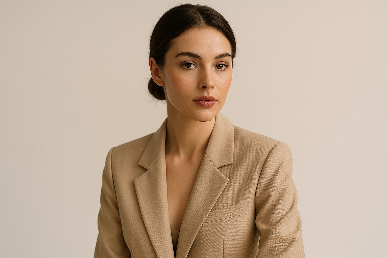 A woman in a beige jacket